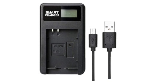 Dedicated lithium-ion camera battery charger on a white background